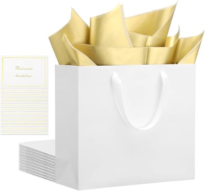 Set van 10 Witte Cadeautassen met 10 Witte Gouden Wenskaarten en 20 Gouden Inpakpapieren - Grote Papieren Tassen met Handvatten voor Bruiloften en Feestjes, 32x11.5x28cm