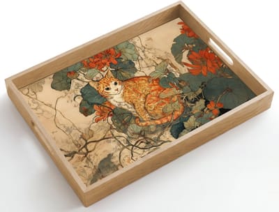 Dienblad hout 50x35 cm - Schootdienblad - Kat - Sierlijk - Bloemen - Borrelplank rechthoek - Plateau dienbladen