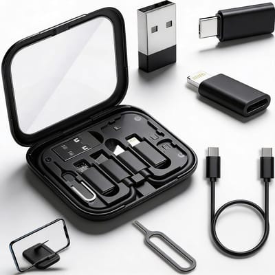 Oneay USB C naar USB A Adapter USB-C Reisadapterset voor iPhone, Pixel & Galaxy: USB-A naar C, Micro-USB naar C, Type-C naar Lightning, Korte USB-C-kabel, OTG, Spiegelhoesje - Zwart