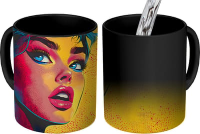 Magische Mok - Foto op Warmte Mokken - Koffiemok - Close-up - Vrouwengezicht - Stippen - Geel - Magic Mok - Beker - 350 ML - Theemok