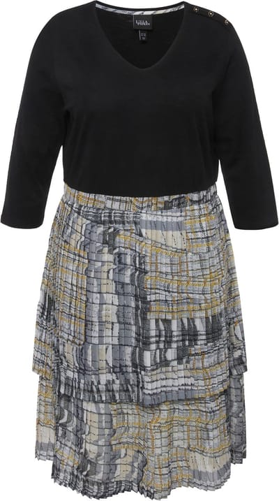 Ulla Popken - Dames - Jersey jurk geplooide rok A-lijn V-hals 3/4-mouw - Zwart - Maat 46+