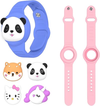 2x Airtag armband Polsband horloge - Airtag Sleutelhanger - Airtag Polsband voor Kinderen - Airtag Armband - Airtag Apple - Airtag Houder - Airtag Hoesje - speciaal voor kinderen - 2 bandjes met 4 cartoon dieren - eenhoorn panda beertje poes - roze