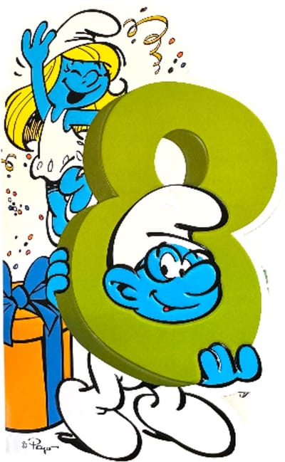 Smurfin en brilsmurf – De Smurfen Reliëf Verjaardagskaart – 8 Jaar – Cromo