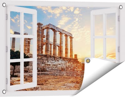 Gards Tuinposter Doorkijk Tempel van Poseidon in Athene, Griekenland - 60x40 cm - Tuindoek - Tuindecoratie - Wanddecoratie buiten - Tuinschilderij