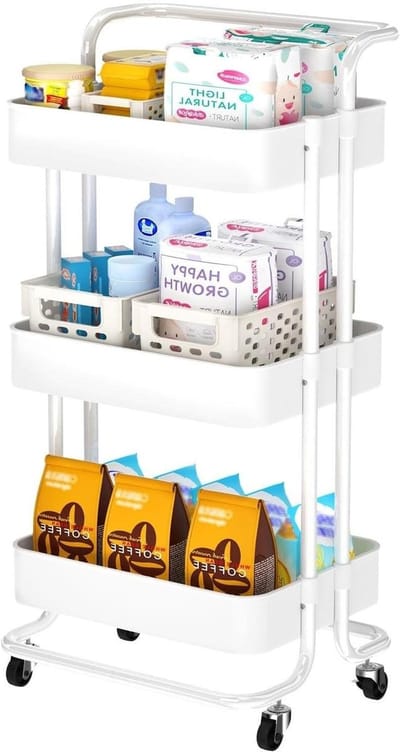 Opbergtrolley 3-laags - Met wielen - Ruimte organiseren - Holle manden - 82H cm - Wit