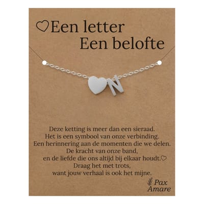 Letter N Armband op Cadeau Kaartje - Een letter, een belofte - 15,5cm + 5,5cm verstelbaar Zilverkleurig Stainless Steel - Initiaal & Hartje Hanger - Pax Amare
