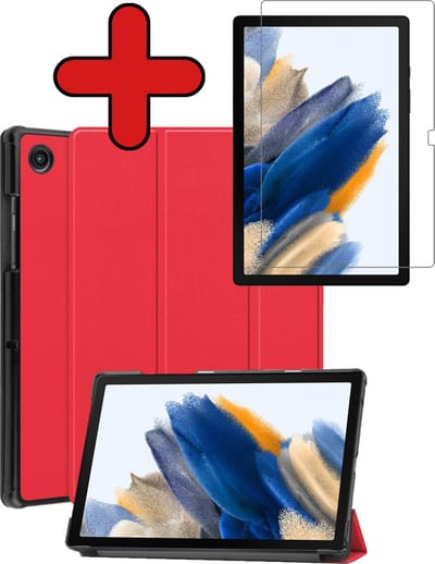 Hoesje - Geschikt voor Samsung Galaxy Tab A8 - Met Screenprotector - Hardcover Book Case - Trifold Bookcase Hoes - Hard Cover - Tablethoes - Rood