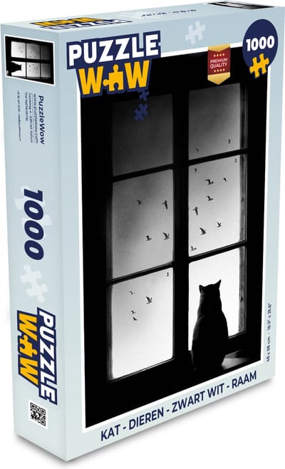 Puzzel Kat - Dieren - Zwart wit - Raam - Legpuzzel - Puzzel 1000 stukjes volwassenen