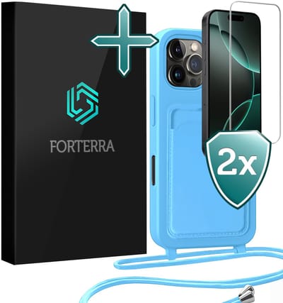 Hoesje Geschikt voor iPhone 16 Pro Pashouder Case Siliconen Hoes Met Koord Met 2x Screenprotector - Hoes Geschikt voor iPhone 16 Pro Met Telefoonkoord Hoesje Back Cover Met Pasjeshouder - Lichtblauw