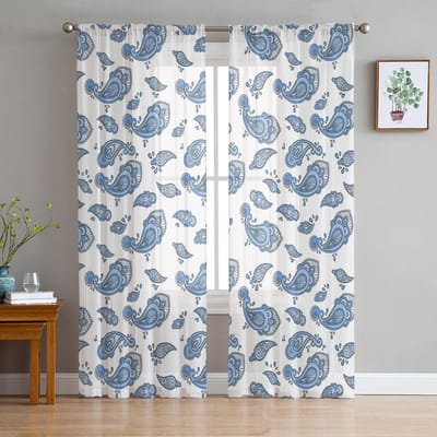 Boheemse Retro Etnische Tule Gordijnen Voor Woonkamer Voile Doorzichtig Raamgordijn Voor Slaapkamer Chiffon Gordijnen Voor Keuken 135W x 114H(cm)