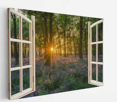 Saammp Canvas Schilderij - Bos met zonsondergang - Natuur - Doorkijk - 45x30 - Foto op canvas - Wanddecoratie - Muurdecoratie Woonkamer - Slaapkamer decoratie - Canvas Print