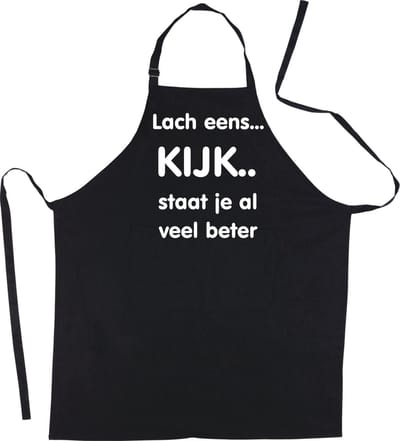 Mijncadeautje Schort - Lach eens.. - opdruk wit - mooie en exclusieve keukenschort - zwart