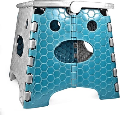 Vouwkruk/trapkruk met handvat, opvouwbaar tot 100 kg, hoogte 26,8 cm in grijs/blauw klapstoel draagbaar voor keuken, badkamer, tuin
