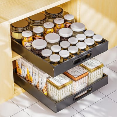 Famanu - Telescopische lade, uittrekbare lade, keukenkast, organizer voor keukenkasten, lade-organizer, geen boren en spijkers nodig, keukenlade (zwart, 25 cm breed (1 stuk)