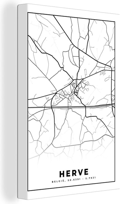 Canvas Schilderij Zwart Wit – België – Plattegrond – Stadskaart – Kaart – Herve - 20x30 cm - Wanddecoratie