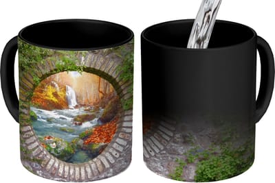 Magische Mok - Foto op Warmte Mokken - Koffiemok - Herfst - Waterval - Natuur - Doorkijk - Magic Mok - Beker - 350 ML - Theemok