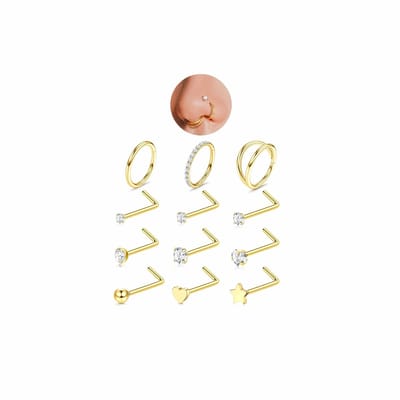 Dailygoods- Neuspiercing Set 12 Stuks - Gouden/Zilveren Neusringen - Hypoallergeen Chirurgisch Staal - L-vormige Neusstuds - Draagmogelijkheden - 18G (1.0mm)