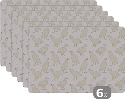 Placemat - Placemats kunststof - Vogel - Kippen - Patronen - 45x30 cm - 6 stuks - Hittebestendig - Anti-Slip - Onderlegger - Afneembaar