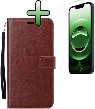 Hoesje Met Screenprotector - Geschikt voor Apple iPhone 16e - Luxe Pasjeshouder - Bookcase Portemonee - Flip Case - Kunstleer Book Case - Flipcase - Book Cover - Walletcase - Portemonneehoes - Bruin