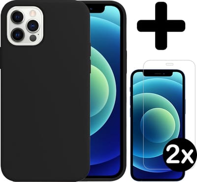 Hoesje - Met 2x Screenprotector - Geschikt voor Apple iPhone 12 Pro - Sterk & Shockproof - Telefoon Hoes - Back Cover - Siliconen Case - Telefoonhoes - Zwart