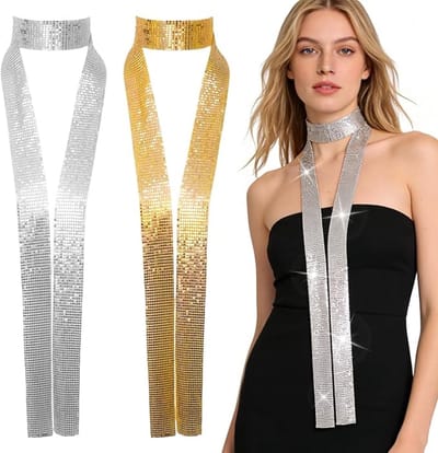 Paillettensjaal - Pailletten sjaal voor dames - 2 stuks - fonkelende metallic sjaal - voor vrouwen, kostuumaccessoires voor jaren 70, 80, disco verkleedfeest, Halloween, avondfeest, bruiloft - zilver, goud