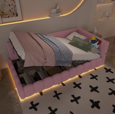 MEUNIQ slaapbank 90x200 cm met lattenbodem, hydraulische opbergruimte, LED-lichtstrip, USB en Type-C, daybed voor slaapkamer, roze