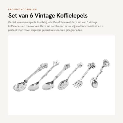 Dailygoods- Koffielepels Set van 6 - Vintage Theevork Set - Zinklegering - Roestbestendig - Elegant Design - Geschikt voor Koffie/Thee/Dessert - Servies