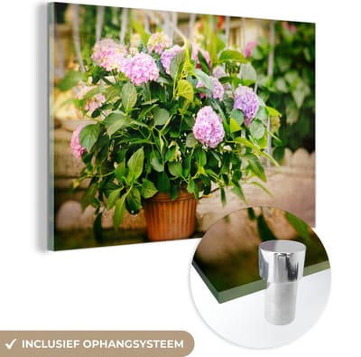 ® Glasschilderij 180x120 cm - Schilderij acrylglas - Boeket van hortensia - Foto op glas - Muurdecoratie woonkamer - Wanddecoratie slaapkamer - Schilderijen