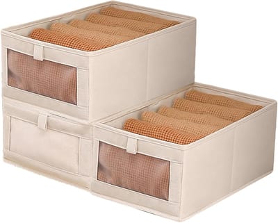 Vouwbare Opbergdozen met Transparant Venster, 3 Stuks, Ideaal voor Kleding, Speelgoed en Boekenopslag (Beige, 44 x 25 x 20 cm)