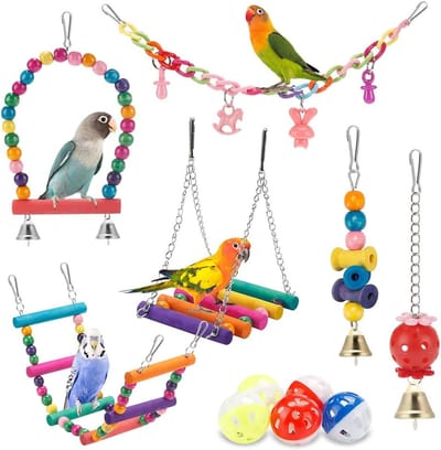 Vogelladders - Vogelkooi Vogel Speelgoed Set - Vogelschommel - Papegaai Speelgoedset met Schommel - Staand Knabbelonderdeel, Hangmat en Klimladder – Kleurrijk Kooispeelgoed voor Parkieten, Spreeuwen, Lovebirds en Meeuwen