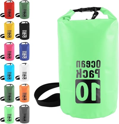 Waterdichte tas 10 liter in groen met waterdichte overbroek voor outdoor activiteiten en regenbescherming