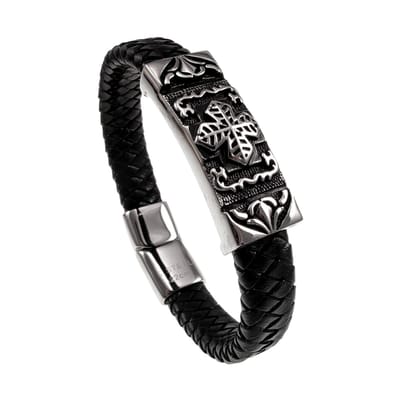 Stoere Zwarte Leren Armband met Keltisch Kruis Plaat - Gevlochten Leren Armband - Heren