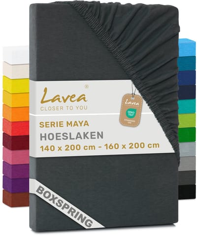Lavea® Hoeslaken 140-160x200cm 100% Katoen – Hoge Hoek 35 cm voor Dikke Matrassen – met Elastiek Rondom in Jersey – voor Boxspring – Antraciet
