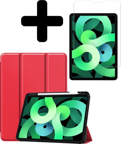 Hoes - Geschikt voor Apple iPad Air 4 (2020) - 10.9 inch - 4e Generatie - Met Screenprotector - Trifold Bookcase - Hard Cover Case - Met Uitsparing Geschikt voor Apple Pencil - Hardcover Book - Tablet Hoesje - Rood