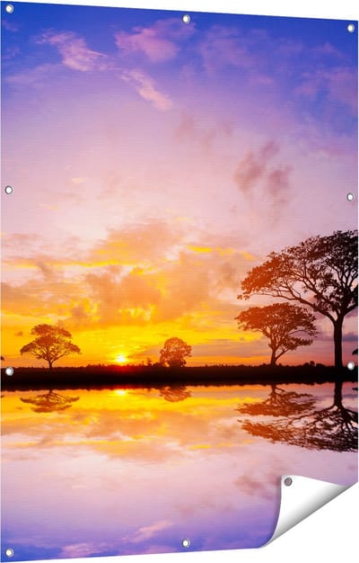 Gards Tuinposter Silhouet van Bomen tijdens Zonsondergang - 90x120 cm - Tuindoek - Tuindecoratie - Wanddecoratie buiten - Tuinschilderij