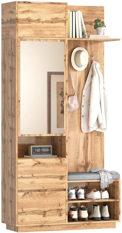 Halkasten - 120x40x45 cm - Kompaktgarderobe Met Spiegel En Sitzbank, Schuhschrank, Kledinghaken - Hout - Natuurlijk