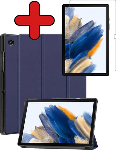 Hoesje - Geschikt voor Samsung Galaxy Tab A8 - Met Screenprotector - Hardcover Book Case - Trifold Bookcase Hoes - Hard Cover - Tablethoes - Donkerblauw