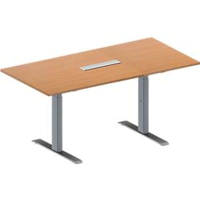 Schäfer Shop Genius Vergadertafel MODENA FLEX, in hoogte verstelbaar, 6-voudige contactdoos, rechthoekige vorm, T-poot rechthoekige buis, B 1600 x D 800 mm, beukenpatroon