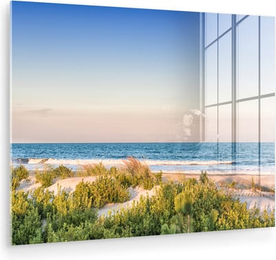MuchoWow® Glasschilderij 40x30 cm - Schilderij acrylglas - Strand - Planten - Licht - Foto op glas - Muurdecoratie woonkamer - Wanddecoratie slaapkamer - Schilderijen