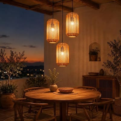 NETTLIFE E27 Hanglamp - Boho Rotan- In hoogte verstelbaar - 3-lichts - Retro design met fitting - Voor eetkamer slaapkamer & woonkamer - Zonder lamp