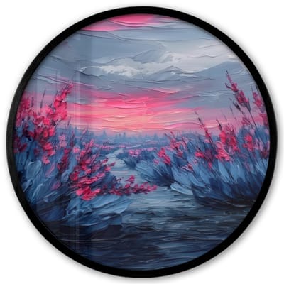 Poster in lijst Rond - Fotolijst 40x40 cm - Posters - Schilderij - Zonsondergang - Bloemen - Rivier - Ronde posterlijst zwart - Decoratie - Wanddecoratie woonkamer - Muurdecoratie slaapkamer