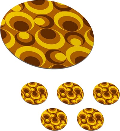 Onderzetters voor glazen - Rond - Patronen - Retro - Bruin - Geel - 10x10 cm - Glasonderzetters - 6 stuks