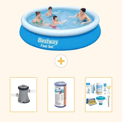 Bestway Rond Opblaasbaar Fast Set Zwembad - 366 x 76 cm - Blauw - Inclusief Pomp - Filter - Onderhoudspakket - 4-delig