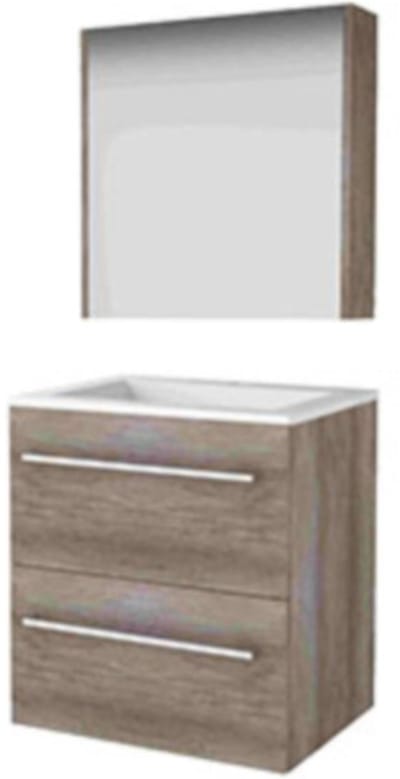 Basic-Line Comfort 46 Badkamermeubelset - 60 x 46 cm - Met Grepen - 2 Lades - Acryl Wastafel - 1 Kraangat - Spiegelkast - Scotch Oak
