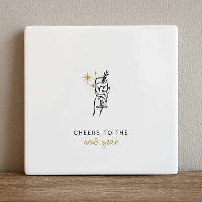 Proost op het Nieuwe Jaar Decoratieve Tegel 15x15 cm – Minimalistische Champagne Illustratie – Elegante Feestelijke Wanddecoratie Cadeau
