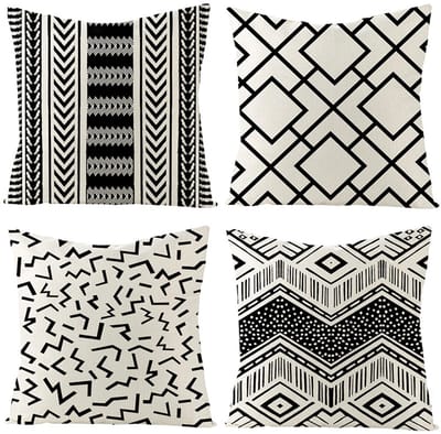 VLEMICO- Kussensloop 45x45 cm - Set van 4 - Geometrisch Patroon - Zwart/Wit - Hoge Kwaliteit - Ademend Linnenmengsel - Kussenhoes