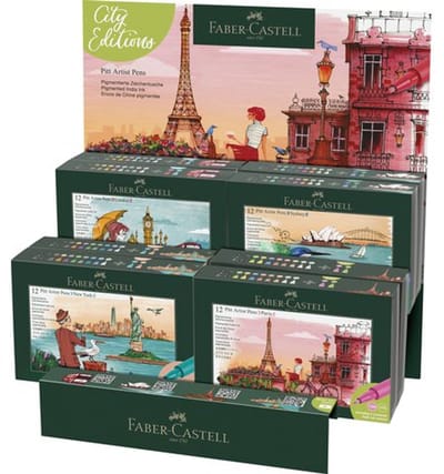 Tekenstift Faber Castell Pitt Artist Pen Brush display steden New York - Paris - London - Sydney 8 sets