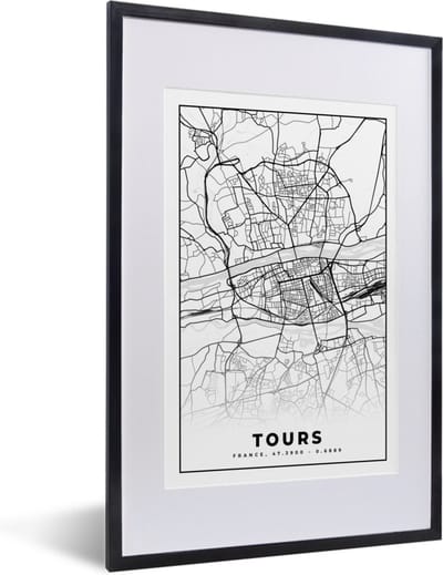Fotolijst incl. Poster Zwart Wit- Stadskaart - Tours - Plattegrond - Kaart - Frankrijk - Zwart wit - 40x60 cm - Posterlijst