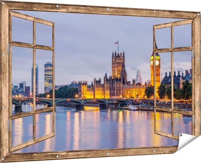 Gards Tuinposter Doorkijk London Big Ben en Westminster Brug - 180x120 cm - Tuindoek - Tuindecoratie - Wanddecoratie buiten - Tuinschilderij