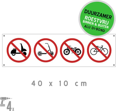 Pictogram/ bord Dibond + boorgaten | Verboden voor fatbikes/ fietsen/ steps/ bromfietsen | 40 x 10 cm | Duurzaam | Roestvrij | Overlast | Fietsers | E-step | Snorfiets | Verbodsteken | 1 stuk